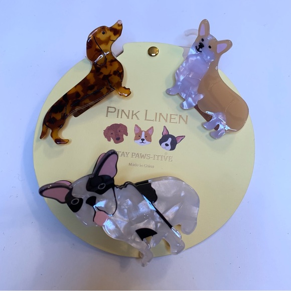 New Pink Linen Puppy Dog Hair Clips Dacshund Corgi & Frenchie - Picture 1 of 4